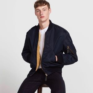 Sandro Sheepskin Lined Bomber Jacket Navy Blue